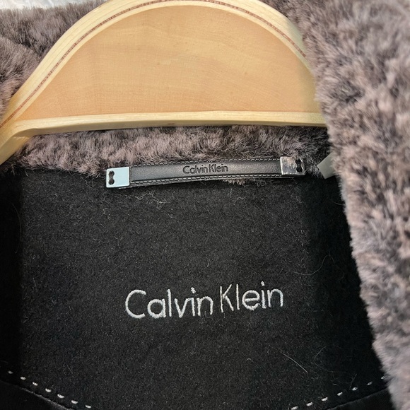 Calvin Klein Black Trench Coat with Brown Faux Fur Collar - Picture 4 of 5